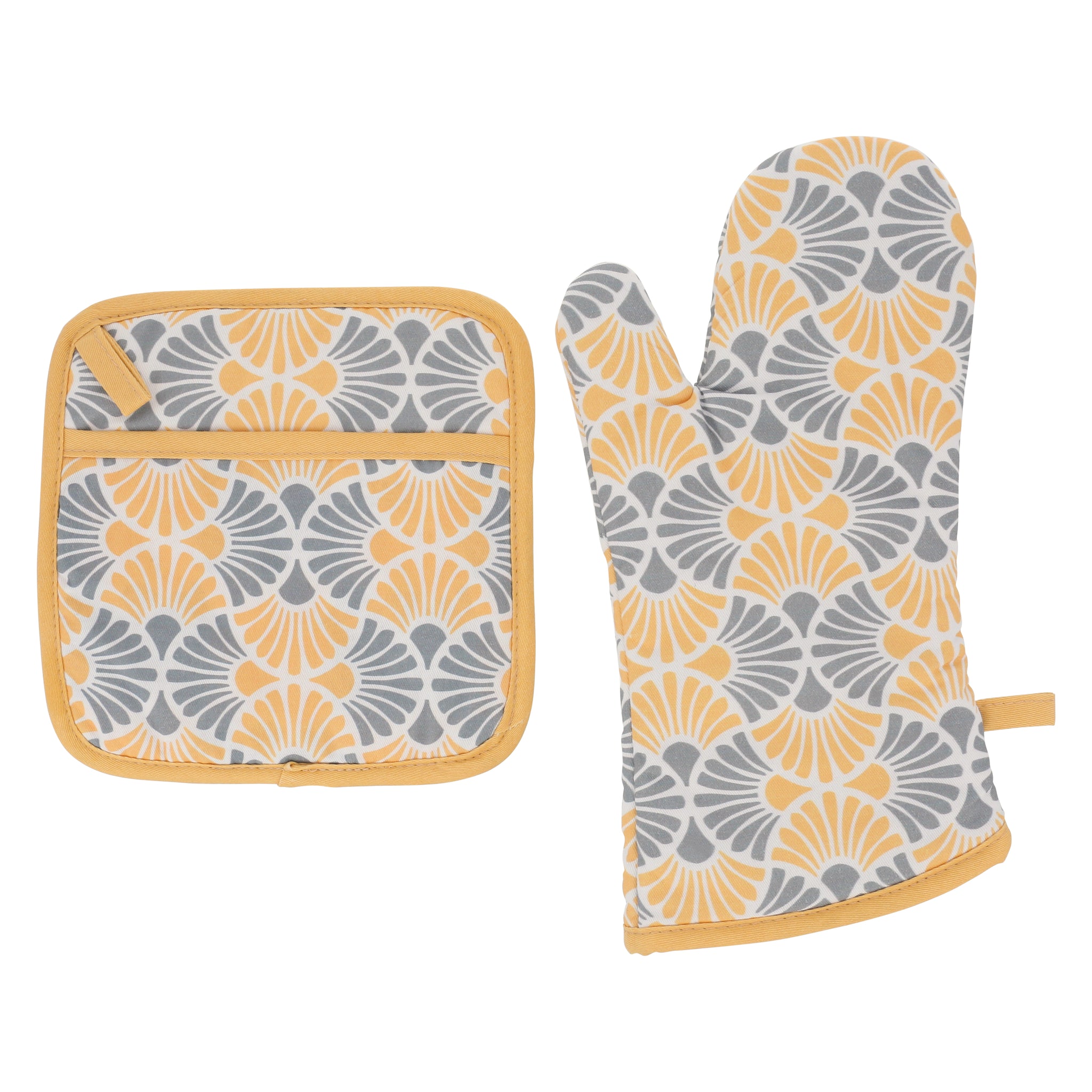 Flora Yellow and Grey Mitten and Pot Holder Combo